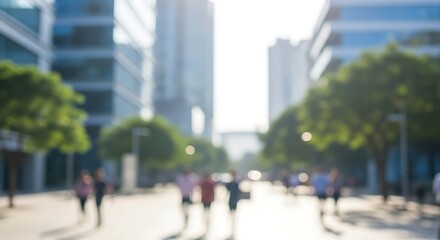 Obraz premium Abstract blurred background of people walking on a sunny city street with modern glass buildings and green trees creating a dynamic urban scene