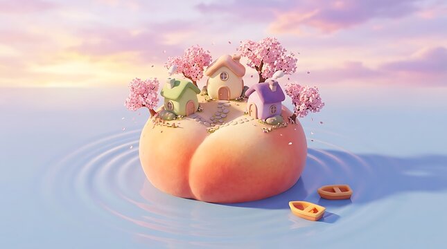 Pulau kecil imut dengan tiga rumah dan pohon sakura di atas buah persik, suasana tenang dengan perahu di air