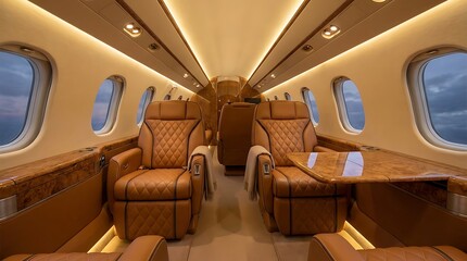 Fototapeta premium Luxurious and sophisticated private jet interior showcasing elegant leather seating, polished wood accents, and mood lighting for an exclusive executive travel experience