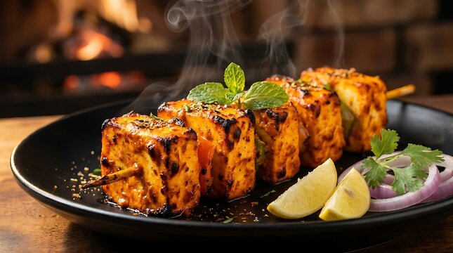 Sate Paneer Tandoori hangat dengan irisan lemon segar dan daun mint di piring hitam untuk makanan India lezat