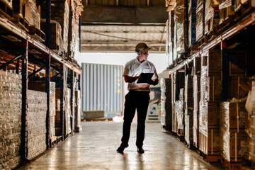 Silhouette of a supply chain coordinator inspecting high pallet racks and walking towards a...