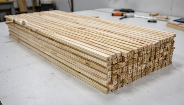 Medium shot of truss chord components with parallel strand lumber strands neatly aligned highlighting the preparation stage prior to resin application.