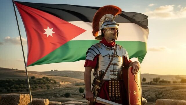 Roman soldier in historical armor standing before the flag of Jordan representing ancient history and modern national identity in a conceptual landscape