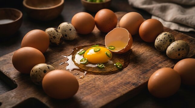 Telur ayam utuh dan telur burung puyuh segar dengan kuning telur dan irisan cabai hijau di atas talenan kayu untuk suasana dapur tradisional