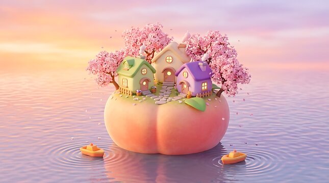 Rumah kecil warna-warni dengan pohon bunga sakura berdiri di atas buah persik mengapung di air saat matahari terbenam