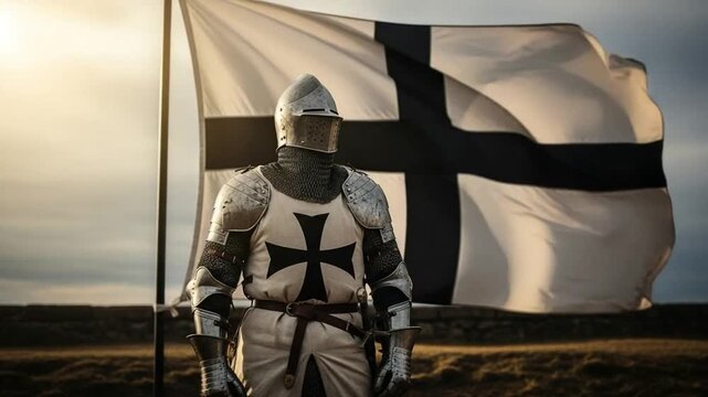 Medieval Knight in Full Plate Armor Standing Before a Teutonic Cross Flag representing Chivalry and Historical Warfare for Fantasy or History Projects