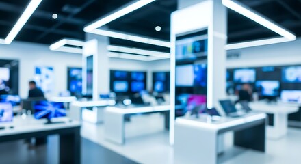 Fototapeta premium Blurred electronics store interior with displays and lighting, modern retail environment, technology showroom, blue and white color scheme, out of focus view.