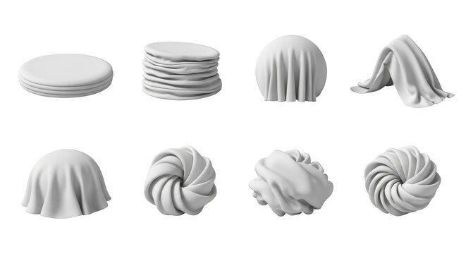 various white objects draped with cloth folds and textures against a white backdrop potentially for design or artistic purposes