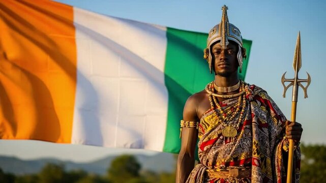 Portrait of a young African warrior in traditional Kente attire holding a spear with the Ivory Coast flag in the background representing national pride and heritage