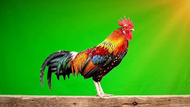 Vibrant Colorful Rooster Isolated on Green Screen for Creative and Agricultural Uses