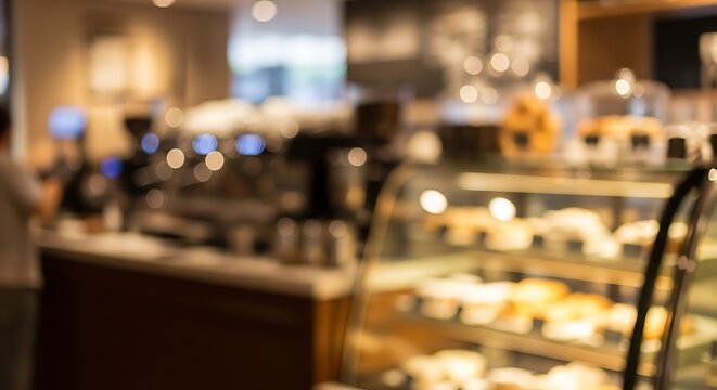 Blurred interior of a coffee shop with a pastry display case and warm bokeh lights creating a cozy and inviting atmosphere