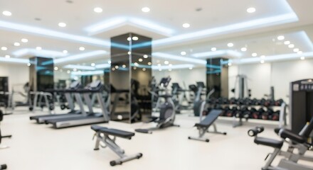 Fototapeta premium Blurred interior view of a modern gym with various fitness equipment, including treadmills, weights, and benches, under bright, cool-toned lighting, creating a clean and spacious atmosphere