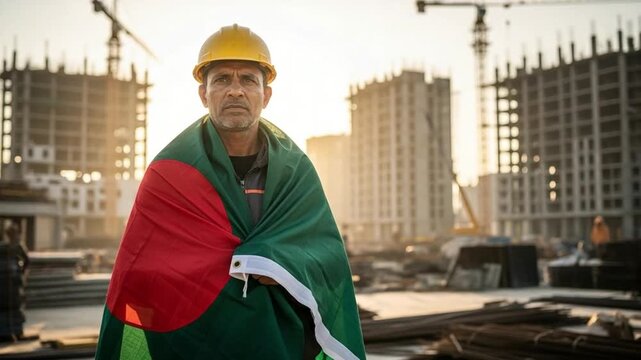 Middle aged South Asian construction worker wearing hard hat wrapped in Bangladeshi flag standing at industrial building site representing national pride and labor development