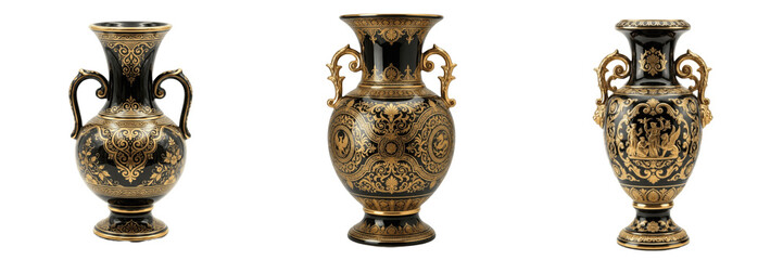 Set and collection of antique ornate metallic bronze vase pitcher urn isolated on white background © createrthing