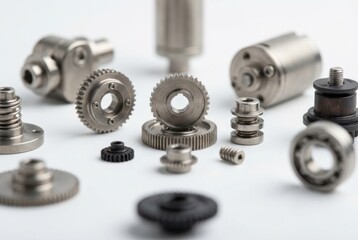 Obraz premium Close-up of various metal gears and mechanical components arranged on a white background. The scene highlights precision engineering and machinery parts.