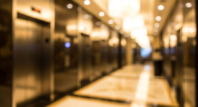 Blurred modern hotel lobby with elevators and chandeliers, warm golden light, abstract interior design, bokeh effect, elegant atmosphere, high-end building interior, soft focus background.