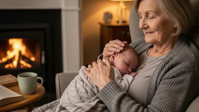 Elderly grandmother holding a sleeping newborn baby in her arms by a cozy fireplace, representing intergenerational love, family bonding, and peaceful retirement moments
