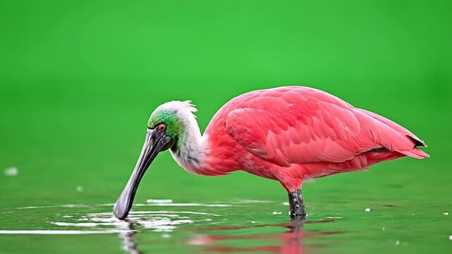 Vibrant Roseate Spoonbill Wading in Shallow Water Isolated on Green Screen Background for Wildlife Nature Themes