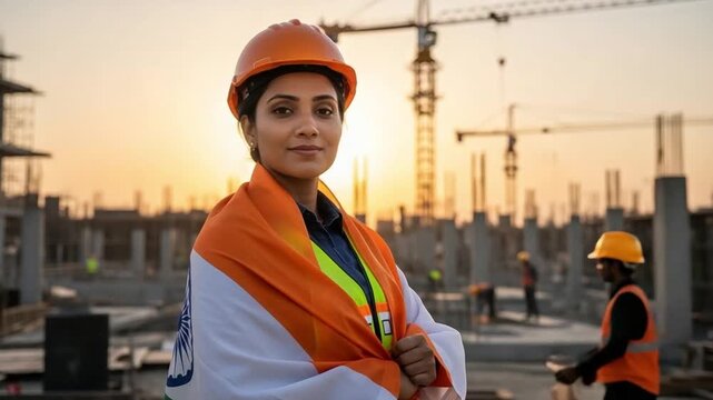 Indian female construction engineer wearing hard hat and national flag at sunset, representing infrastructure development, national pride, and women in engineering