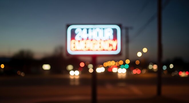 Blurred neon sign displaying '24 HOUR EMERGENCY' against a dark evening sky with bokeh city lights in the background