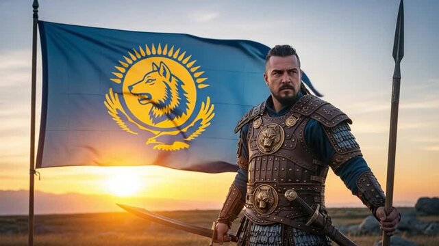 Central Asian warrior in traditional leather armor holding spear and sword standing before a wolf emblem flag at sunset representing strength and heritage