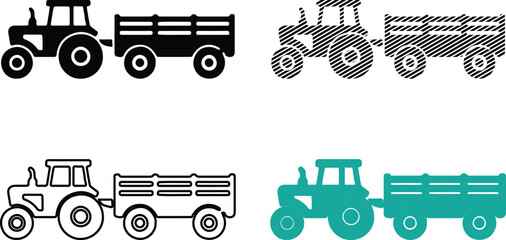 Farm tractor with trailer machinery icon vector illustration set in multiple art styles. © MD