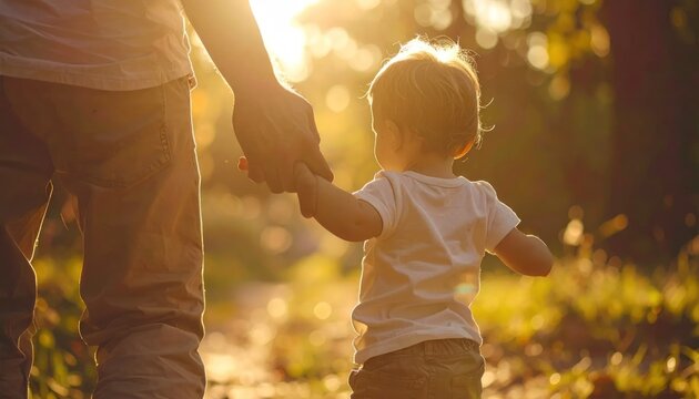 Parent holding childs hand walking in golden hour sunlight outdoors.