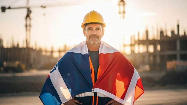 Middle aged male construction worker wearing yellow hard hat and safety vest draped in national flag standing at sunset on industrial building site representing patriotism