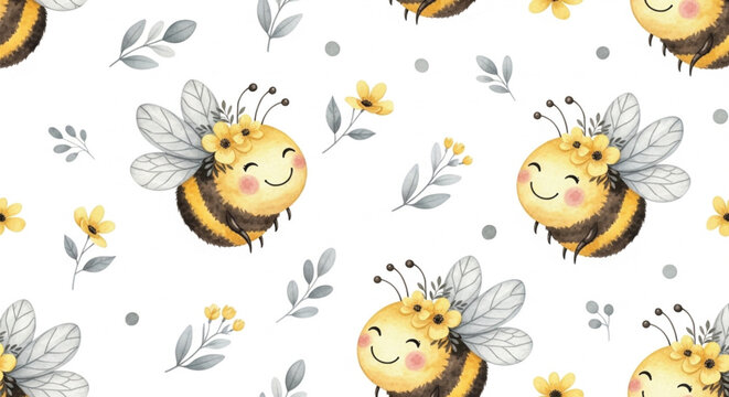 Cute Watercolor Bumble Bees with Yellow Floral Seamless Pattern Background