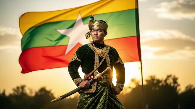 Portrait of a young Southeast Asian man in traditional royal attire holding a sword standing in front of a national flag representing heritage and patriotism