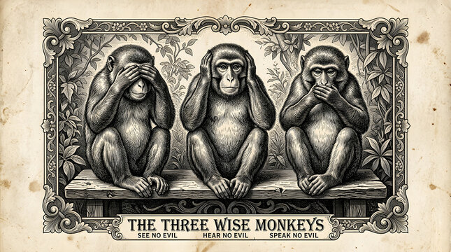 The Three Wise Monkeys proverb illustration, depicting see no evil, hear no evil, and speak no evil