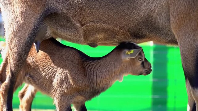 Young Goat Nursing from Its Mother Against a Green Background, Highlighting Maternal Bonding in Livestock for Agricultural Use