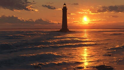 Fototapeta premium Lighthouse standing tall during sunset.