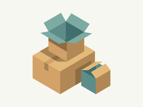 This image features stacked cardboard boxes with one box open, symbolizing storage solutions and moving. The design is minimalistic and evokes an organizational theme.