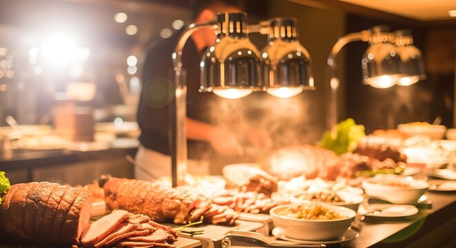 Carved roasted meats and side dishes displayed on a buffet table under warming lamps with steam rising in a restaurant setting.