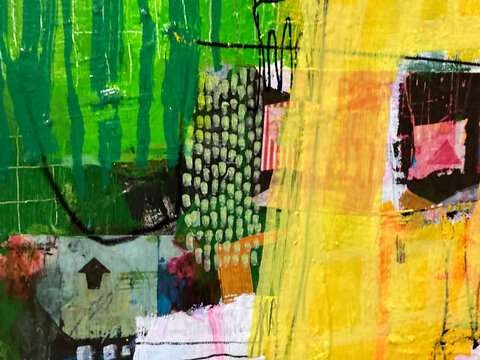 Green Yellow Abstract Acrylic Painting Dense Layer Collage Texture Background
