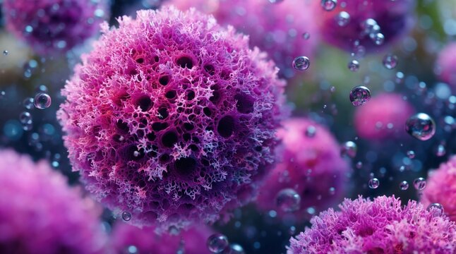 Macro view of pink porous spheres with water bubbles. Abstract microscopic organic texture. Scientific illustration of sponge-like cells in liquid