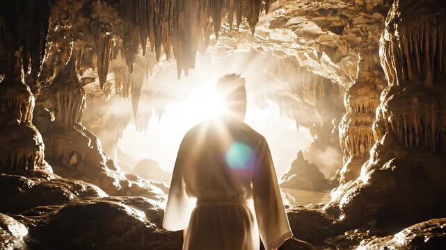 Person in robe inside cave perfect for wellness retreats and nature documentaries