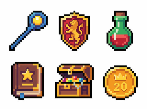 A vibrant collection of pixel art icons featuring magic wands, potions, treasure chests, and more, perfect for role-playing games and fantasy themes.