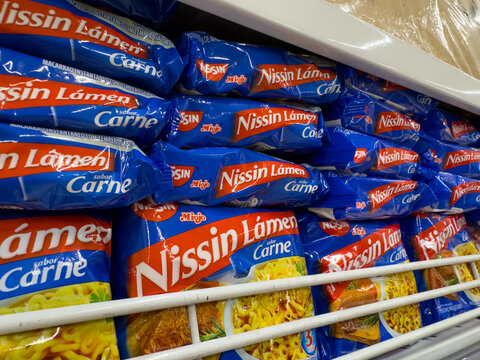 BELO HORIZONTE, MG, BRAZIL, MAY, 10, 2026 A close-up view of Nissin Lamen packages stacked on a grocery store shelf