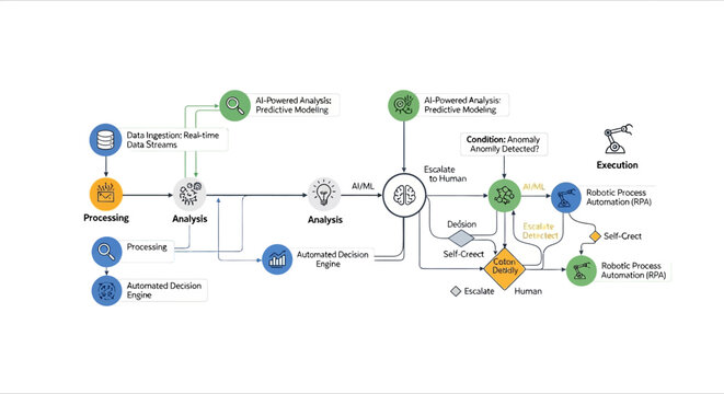 Automated decision engine processes data through analysis and AI for predictive modeling and execution.