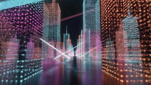 Futuristic cityscape with neon lights perfect for IT presentations and tech marketing