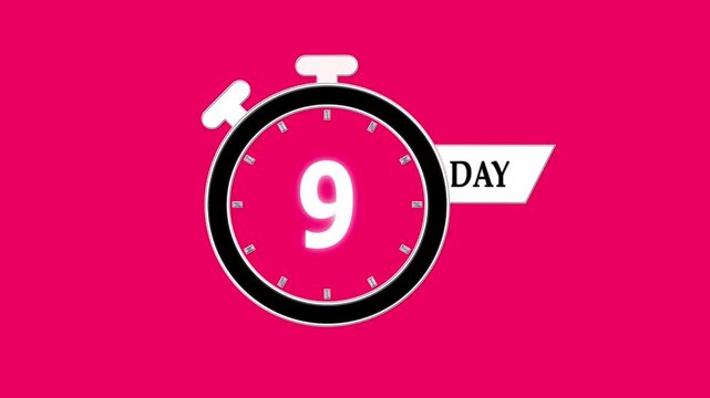 Countdown timer animation, 9 days to go reminder, motion graphics stopwatch countdown, event launch video, simple timer design for upcoming project.