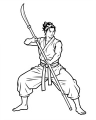 Fototapeta premium Traditional Naginata Martial Artist Horse Stance Vector Illustration, Japanese Polearm Training Black and White Line Art Graphic