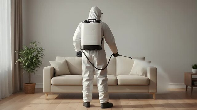 Professional in white protective gear sanitizing a sofa in a bright room to ensure a clean living environment while using specialized equipment for effective germ removal during maintenance