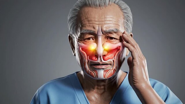 3D CGI Visualization Of Elderly Man Experiencing Sinus Pain With Highlighted Facial Anatomy In Studio Background