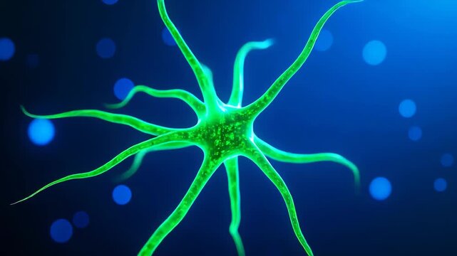glowing green neuron synapse on dark blue background
