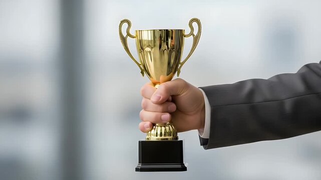 Businessman in formal suit holding a shiny gold trophy cup to demonstrate outstanding achievement and corporate success while working within a competitive and modern office environment