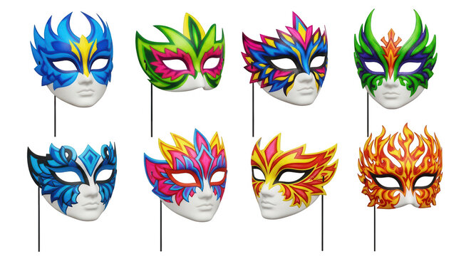collection of colorful masquerade masks displayed on a white backdrop costume parties and festive celebrations
