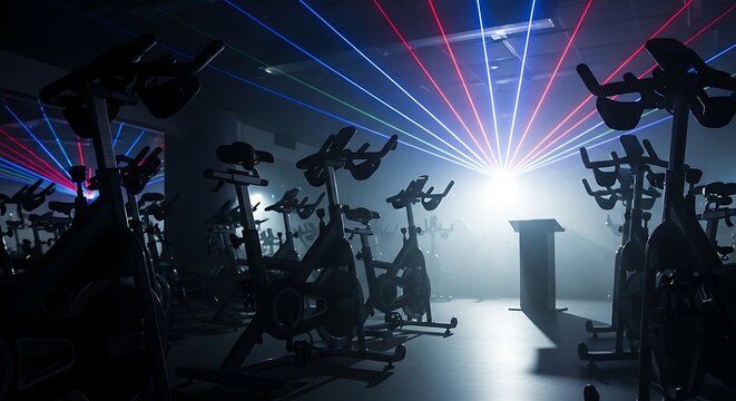 Spinning class room with rows of stationary bicycles and laser lights creating a vibrant atmosphere with a podium in the background.